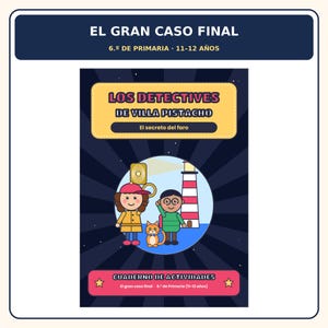 Può includere: Un libro di attività intitolato El Gran Caso Final con un'illustrazione a cartoni animati di due bambini e un gatto davanti a un faro. La copertina include il testo Los Detectives de Villa Pistacho e El secreto del faro.