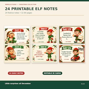 Puede incluir: Un conjunto de 24 notas de elfo imprimibles con ilustraciones festivas de elfos con trajes verdes y rojos. Cada nota incluye un día numerado, un mensaje corto y un espacio para el nombre del elfo. El texto incluye Day 1, 2, 3, 4, 23 y 24.