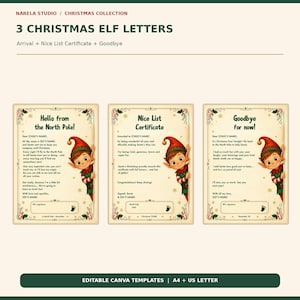 Puede incluir: Tres cartas de elfo navideño imprimibles que incluyen una carta de llegada, un certificado de lista de buenos y una carta de despedida. Cada documento presenta una ilustración de elfo, bordes de acebo y campos de texto.