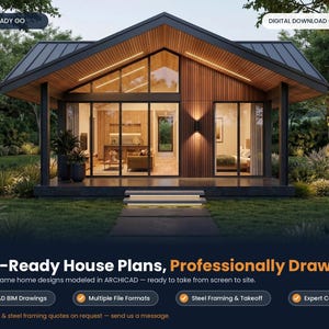 Op de afbeelding: Een modern huisontwerp met een zadeldak, donker metalen dak en houten buitenmuren. Grote glazen schuifdeuren onthullen een interieur. Tekst bevat BUILD READY GO en DIGITAL DOWNLOAD - BIM-READY.