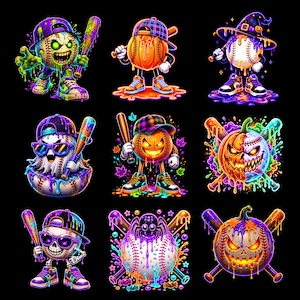 May include: A collection of nine vibrant, neon-colored illustrations featuring baseballs and pumpkins with Halloween-themed characters like zombies, ghosts, skeletons, and spiders, all accented with dripping paint effects, baseball bats, and sneakers.