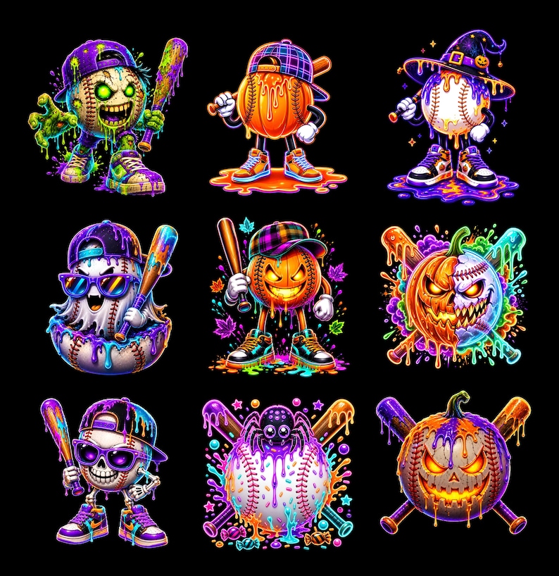 May include: A collection of nine vibrant, neon-colored illustrations featuring baseballs and pumpkins with Halloween-themed characters like zombies, ghosts, skeletons, and spiders, all accented with dripping paint effects, baseball bats, and sneakers.