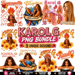 May include: A digital collection of nine graphic designs featuring the artist Karol G, including illustrations of a person with a feathered headdress, a globe with a parrot, and text elements like Tropicoqueta, Tropitour, and Karol G PNG Bundle.