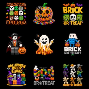 May include: A collection of nine Halloween-themed graphic designs featuring block-style figures, pumpkins, ghosts, and vampires. Text includes Monster Builder, Brick or Treat, Halloween Brick Squad, and Boo or Treat, all set against a black background.