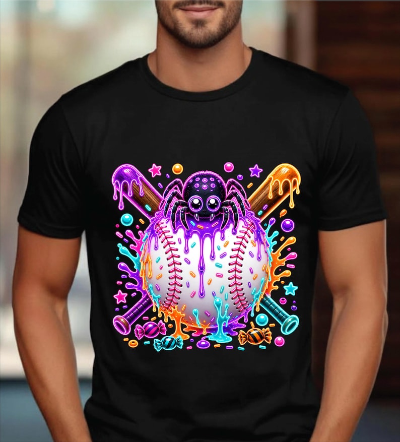 May include: A black t-shirt featuring a graphic of a white baseball crossed with two baseball bats. A black spider sits on top of the ball, which is covered in dripping purple, orange, and blue paint, colorful sprinkles, and small candy shapes.