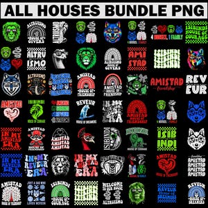 May include: A digital collection of graphic designs featuring animal illustrations, rainbows, and text including 'ALL HOUSES BUNDLE PNG', 'ALTRUISMO', 'AMISTAD', 'ISIBINDI', and 'REVEUR'. The designs incorporate motifs of lions, snakes, wolves, and peacocks.