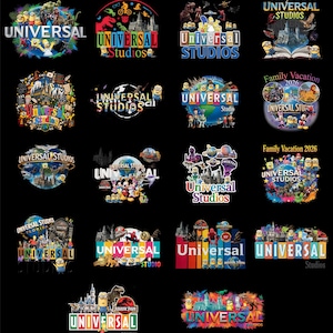 May include: A collection of twenty distinct graphic designs featuring the Universal Studios logo, incorporating various animated characters, movie themes, and the text Family Vacation 2026, all displayed against a solid black background.