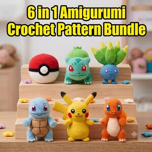 6in1 Pokémon-Inspired Amigurumi Crochet Pattern Bundle - PDF Digital Download - Pikachu, Charmander, Squirtle & Bulbasaur