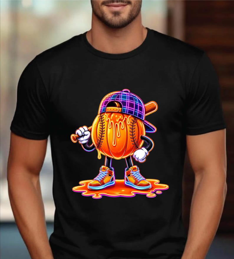 May include: A black t-shirt featuring a graphic of a cartoon baseball with a melting orange surface, wearing a purple plaid baseball cap and high-top sneakers. The character holds a wooden baseball bat and stands in a puddle of orange liquid.