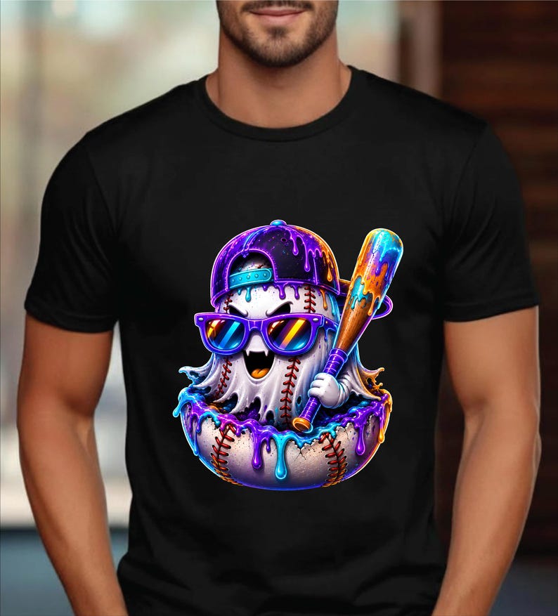 May include: A black short-sleeved t-shirt featuring a graphic of a white baseball ghost wearing a purple and blue backwards baseball cap and sunglasses. The ghost holds a wooden baseball bat, with vibrant purple and blue paint dripping.