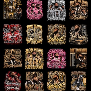 May include: A collection of sixteen graphic designs featuring Rod Wave, with text including Don't Look Down, Rod Wave, and 2026. The designs incorporate various color palettes such as gold, pink, red, and black, showcasing portraits and concert imagery.