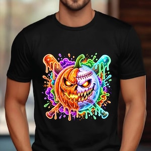 May include: A black t-shirt featuring a vibrant graphic print of a split pumpkin and baseball design. The image shows two crossed baseball bats behind the central figure, surrounded by colorful, dripping paint splatters in neon hues.