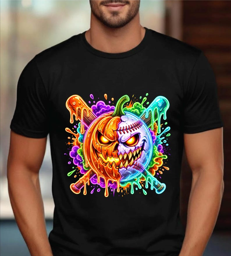 May include: A black t-shirt featuring a vibrant graphic print of a split pumpkin and baseball design. The image shows two crossed baseball bats behind the central figure, surrounded by colorful, dripping paint splatters in neon hues.