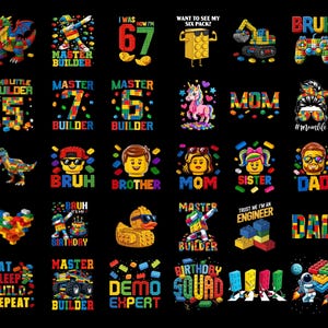 May include: A collection of thirty colorful graphic designs featuring building block themes, including dinosaurs, unicorns, ducks, astronauts, and family-themed text like Mom, Dad, Brother, Sister, and various birthday age milestones on a black background.
