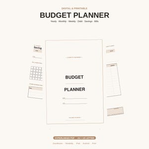 Op de afbeelding: Een digitale en printbare budgetplanner in een neutraal kleurenpalet. De omslag bevat de tekst BUDGET PLANNER, A GUIDE TO YOUR MONEY en velden voor naam en jaar. Aanvullende pagina's tonen lay-outs voor spaardoelen, schulden en rekeningen.
