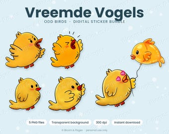 Seltsame Vögel | Sticker-Set „Ungewöhnliche Vögel“ | Niedliches gelbes Küken (PNG) | Druckbare Cliparts | Digitaler Download