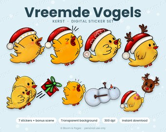 Vreemde Vogels Kerst | Funny Christmas Sticker Bundle | Cute Yellow Chick PNG | Santa Hat Bird | Digital Download