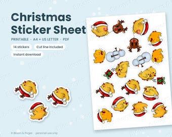 Weihnachtsaufkleberbogen | Niedliche Küken-Aufkleber zum Ausdrucken | Weihnachtsmannmütze mit seltsamen Vögeln | A4- und US-Letter-PDF | Aufkleber zum Ausschneiden