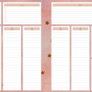 Op de afbeelding: Een digitale plannerpagina voor december 2027 met een roze marmeren achtergrond en gouden steraccenten. Het bevat een maandkalender, een takenlijst met ster-selectievakjes, een notitiesectie en meerdere gelinieerde dagelijkse planningskolommen.