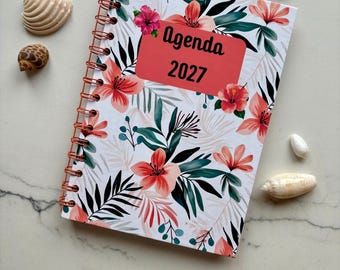 Weekagenda 2027 A5 met maankalender en tropische bloemen | Handgemaakt hardcover met rosé-gouden spiraal | Cadeau voor haar