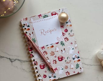 Receptenboek invulboek kerst A5 | 50 recepten met boodschappenlijst | Handgemaakt hardcover spiraal | Kerstcadeau