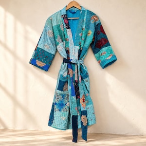 Embroidered Robe: Turquoise Kantha Patchwork Handmade Cotton Boho Kimono Jacket, Quilted Duster