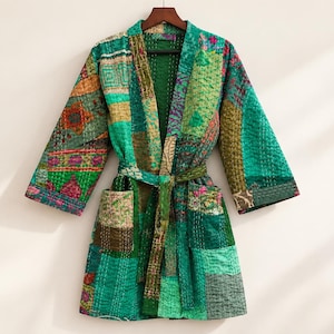 Handmade Kantha Patchwork Robe: Cotton Boho Kimono Jacket, Quilted Duster