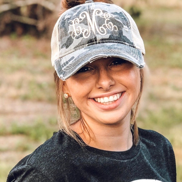 Monogrammed Distressed Camo Hat - CC  Camouflage Cap - Personalized Ball Cap - Women's Distressed Hat