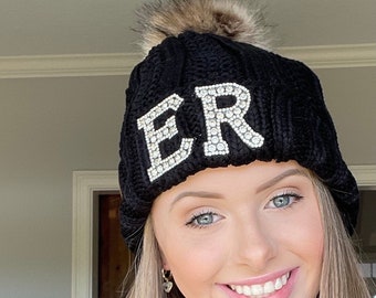 Personalized Rhinestone Bling Fur Pom Pom Beanie  - Sparkle Monogram CC Beanie - Gift For Girls - Bridesmaid Gift