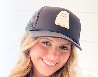 Ghost Patch Hat Adult Size - Boo Fall Fashion Trucker Style Baseball Cap