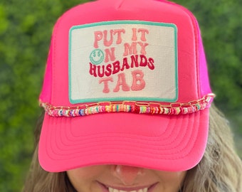 Put It On My Husbands Tab Pink Trucker Hat with Hat Chain - Foam Vintage Trucker Hat Unisex Adult Size