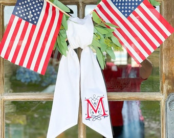 Linen Wreath Sash With Monogram - Front Door Decor -Patriotic Memorial Day - Personalized Home Decor - Independence Day