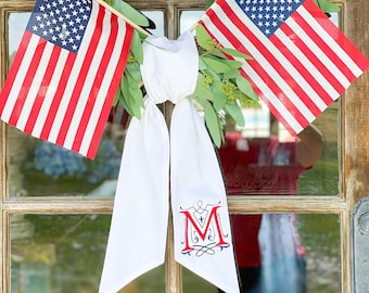 Monogrammed Linen Wreath Sash: Patriotic Front Door Decor