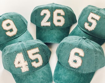 Custom Chenille Varsity Letter or Number Patch Hat  - Personalized Women's Ball Cap - Pigment Dyed Team Color Hat - Sports Number Cap