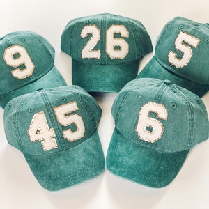 Custom Chenille Varsity Letter or Number Patch Hat  - Personalized Women's Ball Cap - Pigment Dyed Team Color Hat - Sports Number Cap