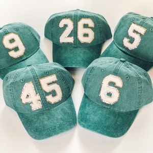 Custom Chenille Varsity Letter or Number Patch Hat  - Personalized Women&#39;s Ball Cap - Pigment Dyed Team Color Hat - Sports Number Cap