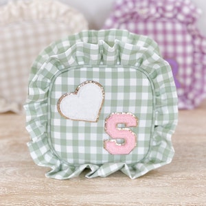 Ruffle Gingham Small Cosmetic Bag with Custom Chenille Letter Patches - Travel Zipper Pouch - Gifts for Her
