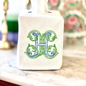 Tissue Box Cover with Monogram - Custom Linen Tissue Holder - Grandmillenial Personalized Home Decor