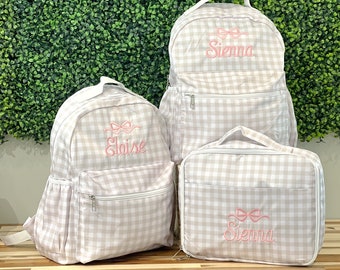 Gingham Backpack Lunchbox Set with Monogram - Khaki Gingham Check Bookbag - Back to School Set Personalized