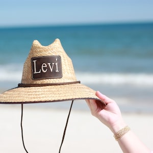 Youth Kids Straw Lifeguard Hat with Leather Patch Monogram - Personalized Panama Sun Hat