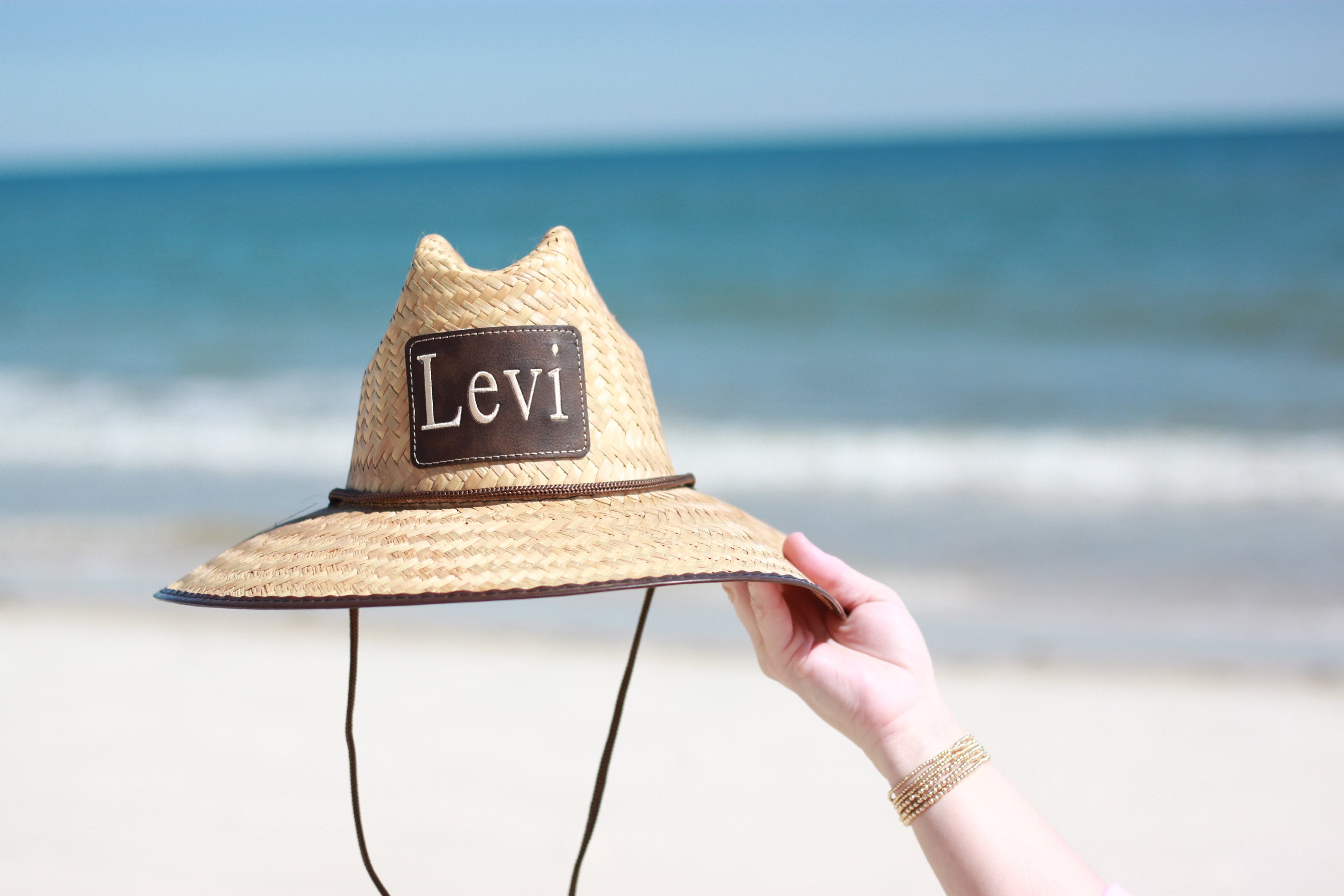 Youth Kids Straw Lifeguard Hat with Leather Patch Monogram - Personalized Panama Sun Hat