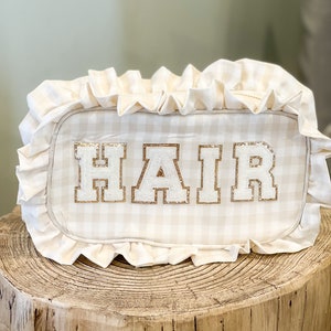 Large Ruffle Gingham Bag with Chenille Letter Patches - Hair Travel Zipper Pouch - Gifts for Her