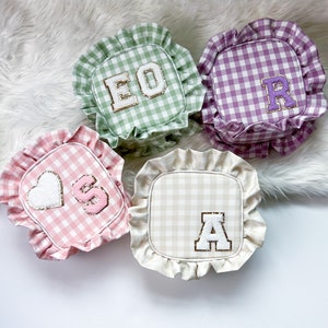 Custom Ruffle Gingham Small Bag with Chenille Letter Patches - Travel Zipper Pouch - Gifts for Her