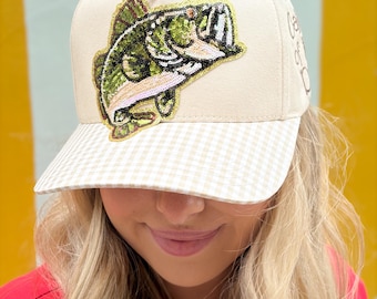 Bass Fish Catch of the Day Trucker Hat Sequin with Pattern Brims -  Fishing and Hunting Inspired Hats