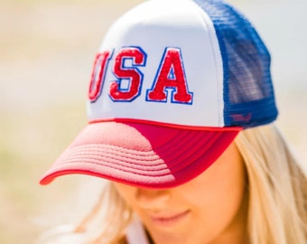 USA Red White and Blue Trucker Hat - 4th of July or Memorial Day Patriotic Hat - Varsity Patches