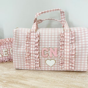 Gingham Ruffle Duffle Bag: Personalized Chenille Letter Patches