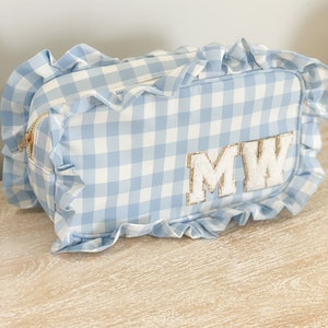 Ruffle Gingham Travel Pouch: Blue Zipper Bag with Chenille Letter Patches