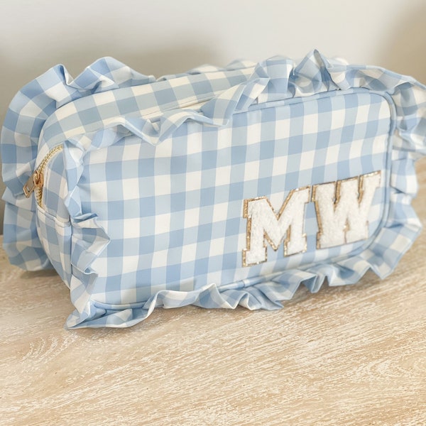 Large Blue Ruffle Gingham Bag with Chenille Letter Patches - Travel Zipper Pouch - Gifts for Her