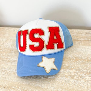 USA Glitter Patch Trucker Hat - 4th of July or Memorial Day Patriotic Hat - Red White and Blue Foam Trucker Hat Unisex Adult Size