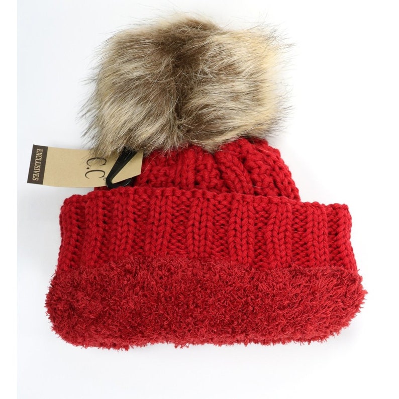 Arbonne logo Fur Pom Pom Beanie Knit Hat Gift Embroidered CC Beanie Crochet Bun Hat image 8